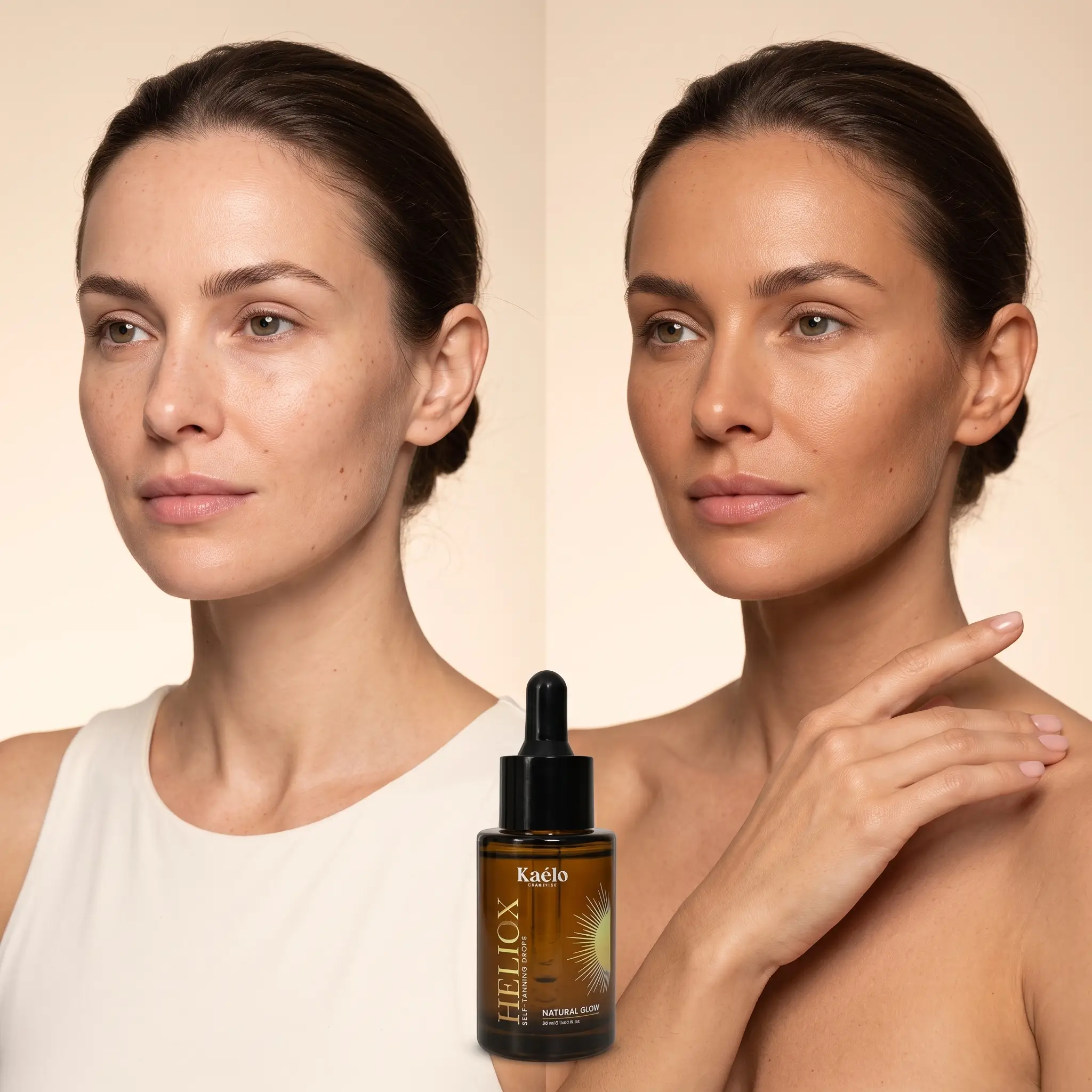 Efect vizual &icirc;nainte și după utilizarea picăturilor autobronzante HELIOX Natural Glow