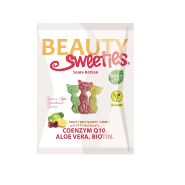 Jeleuri gumate acrisoare Pisicute cu Suc din Fructe, Coenzima Q10, Aloe Vera si Biotina (fara gluten, fara lactoza, vegane) 125g - BEAUTY SWEETIES