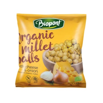 Pufuleti din mei ECO cu aroma de Cascaval si Ceapa (fara gluten, vegani) 75g - Biopont