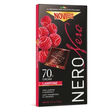 Ciocolata neagra cu 70% cacao, zmeura si migdale prajite (fara gluten) 75g - Novi