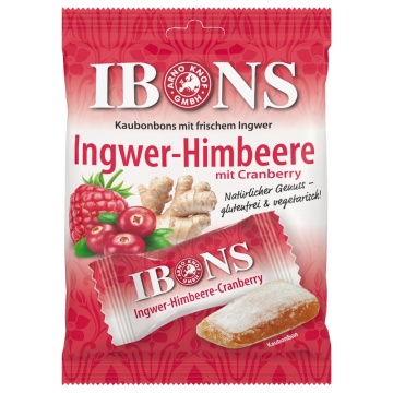 Bomboane gumate cu Ghimbir si Zmeura si Merisoare (fara gluten, fara lactoza, vegan) 92g - IBONIS