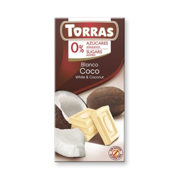 Ciocolata alba cu cocos (fara zahar, fara gluten) 75g - Torras