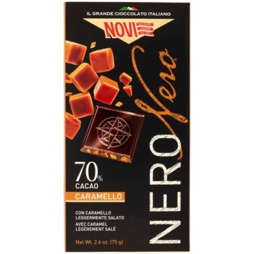 Ciocolata extra neagra 70% cacao și bucati de caramel sarat (fara gluten) 75g - Novi