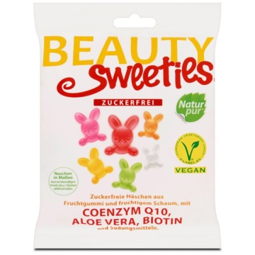 Jeleuri iepurasi cu aroma de fructe, coenzima Q10, aloe vera si biotina(fara zahar, gluten, latoza, vegan) 125g - Beauty Sweeties