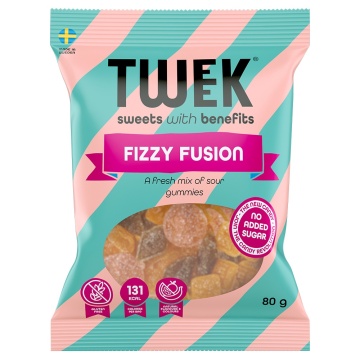 Jeleuri FIZZY FUSION cu aroma de BUBLE GUM, PEPENE, COLA ACRISOARA cu Stevia (fara zahar, fara gluten) 80g - TWEEK