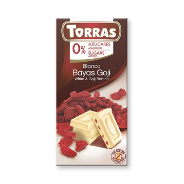 Ciocolata alba cu fructe Goji (fara zahar, fara gluten) 75g - Torras