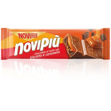Baton de ciocolata cu lapte extra fina cu Caramel, Unt Sarat si Biscuiti (fara gluten) 35g - Novi