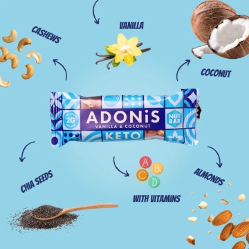 Baton KETO cu VANILIE si cocos ( fara zahar, fara gluten, lowcarb, vegan) 35g - ADONIS