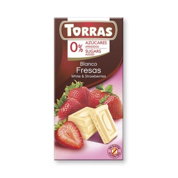 Ciocolata alba cu capsuni (fara zahar, fara gluten) 75g - Torras