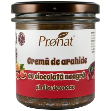 Crema de arahide cu ciocolata neagra si nibs de cacao(fara zahar, fara gluten, fara lactoza) 300g Pronat