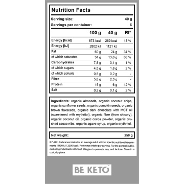 Granola KETO BIO Cacao & Chips Chocolata (fara zahar, fara gluten) 250g - BE KETO - Img 2