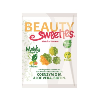 Jeleuri gumate moi cu Suc din Fructe, Ceai Matcha, Coenzima Q10, Aloe vera si Biotina (fara gluten, fara lactoza, vegan) 125g - BEAUTY SWEETIES