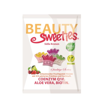 Jeleuri gumate moi Coronite cu piure si suc din fructe, coenzima Q10, aloe vera si biotina (fara gluten, fara lactoza, vegane)125g - BEAUTY SWEETIES