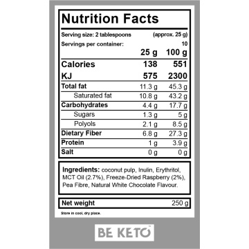Crema tartinabila KETO Ciocolata Alba si Zmeura + MCT (fara zahar, fara gluten, vegan) 250g - BE KETO - Img 4