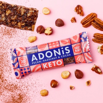 Baton KETO cu alune de padure, nuci pecan si cacao ( fara zahar, fara gluten, lowcarb, vegan) 35g - ADONIS