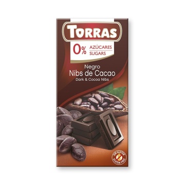 Ciocolata neagra cu bucatele de cacao (fara zahar, fara gluten) 75g - Torras