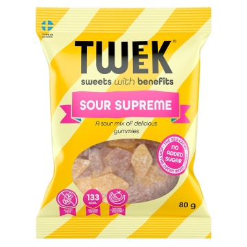 Jeleuri SOUR SUPREME cu aroma de GRAPEFRUIT, COLA si FRUCTUL PASIUNII cu ANANAS cu Stevia, (fara zahar, fara gluten) 80g - TWEEK