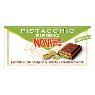 Ciocolata extra fina cu lapte, cu umplutura de Fistic si boabe de fistic (fara gluten) 105g - Novi