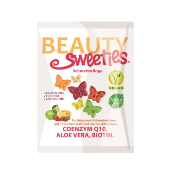 Jeleuri gumate moi Fluturasi cu Fructe, Coenzima Q10, Aloe Bera si Biotina (fara gluten, fara lactoza, vegane) 125g - BEAUTY SWEETIES