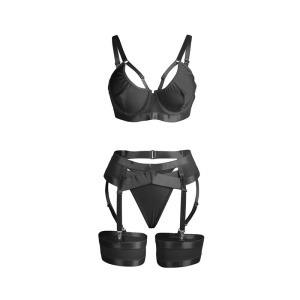 Set Lenjerie Intimă Negru Stil Bondage Subblime – Sutien, Portjartier și Tanga (S/M) - Img 5