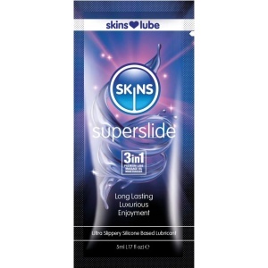 Titlu: Lubrifiant Siliconic 3-în-1 Skins Superslide – Ultra-Persistent și Rezistent la Apă (5ml)