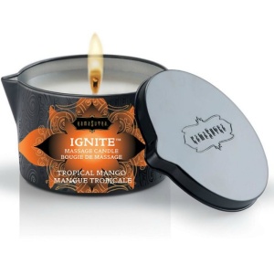 Kamasutra – Lumânare de Masaj „Tropical Mango”: Ulei Hrănitor (170g, cu linguriță inclusă)