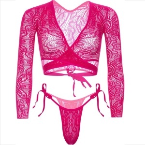 Set Lenjerie Roz Leg Avenue – Top Scurt din Dantelă și Chilot Tanga cu Legături Laterale (Mărime Universală) - Img 4