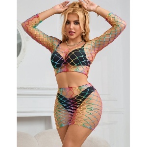 Set din Plasă Multicolor Curcubeu Subblime 952440 – Top cu Mânecă Lungă și Fustă/Chilot (Mărime Unică) - Img 3