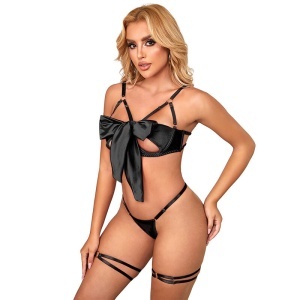 Set Lenjerie Intimă Negru Subblime – Sutien cu Cupe Deschise, Fundă Fundal, Tanga și Portjartier (S/M) - Img 4