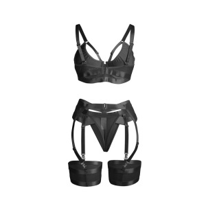 Set Lenjerie Intimă Negru Stil Bondage Subblime – Sutien, Portjartier și Tanga (S/M) - Img 7