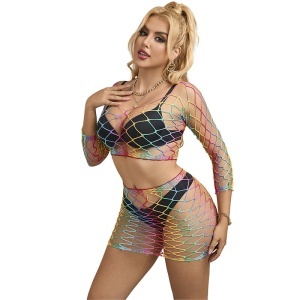 Set din Plasă Multicolor Curcubeu Subblime 952440 – Top cu Mânecă Lungă și Fustă/Chilot (Mărime Unică)