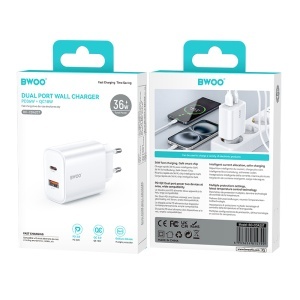BWOO încărcător rețea 1x USB + 1x USB-C Fast Charging PD 36W - Culoare Alb_enervolt.ro