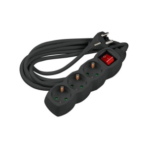 Prelungitor 3 prize, 5 m, cablu 3×1.5 mm², cu întrerupător, negru, Technik MT3W5MS1,5‑BK