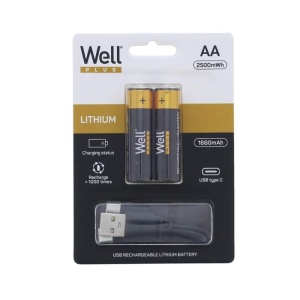 WELL Acumulator AA (R6) Li‑ion 14500 1.5V 1660mAh, 2500mWh, încărcare USB‑C, 2 buc/blister