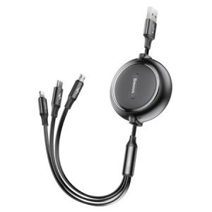 BASEUS Cablu 3în1 USB–USB‑C–Micro USB–Lightning 1.2m 3.5A Golden Loop retractabil