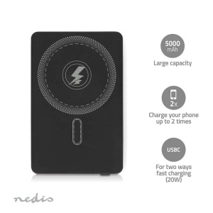 Nedis Acumulator extern powerbank 5000 mAh, Incarcare wireless 1.67-2.22-3.0 A, Conexiune iesire: 1x USB-C™, Conexiune intrare: 1x USB-C™, PD3.0 20W, Litiu-Polimer