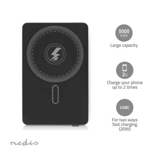 Nedis Acumulator extern powerbank 5000 mAh, Incarcare wireless 1.67-2.22-3.0 A, Conexiune iesire: 1x USB-C™, Conexiune intrare: 1x USB-C™, PD3.0 20W, Litiu-Polimer