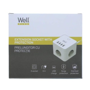 Prelungitor Well, 3 prize, 3m, 4x USB, cu protectie, cablu 3x1.5mmp resigilat, ambalaj deteriorat, de la enervolt.r