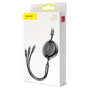  Cablu 3în1 USB–USB‑C–Micro USB–Lightning 1.2m 3.5A Golden Loop retractabil_enervolt.ro