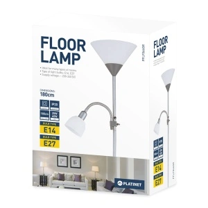 PLATINET Lampadar cu două surse de lumină e27 și e14, braț reglabil pentru citit, 180 cm, gri