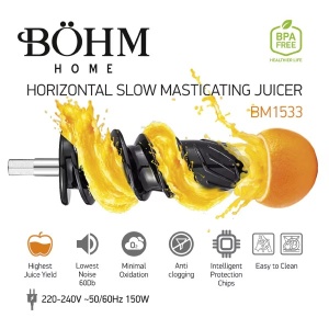 Бавнооборотна сокоизстисквачка за плодове и зеленчуци BOHM BM1533SM, 150W, с многофункционално ренде - Img 9