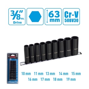 Комплект дълбоки ударни вложки FIXTEC 9 части, 3/8", CR-V