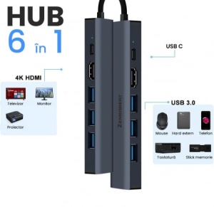 Resigilat Hub Adaptor Type-C Pro6 Zenkabeat 6-1, 3x USB, 1x HDMI, 1x Type C, Port Internet 1000 Mbps, Negru - Img 3