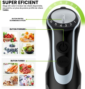 RESIGILAT - Set Blender 4 in 1 Zenkabeat B23 cu putere 1000W, Mixer vertical profesional, 6 trepte de viteza si functie Turbo, Multifunctional, Negru - Img 4