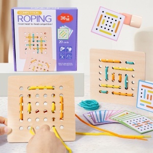Jucarie Montessori din lemn cu snur de impletit pentru copii, Puzzle pentru antrenarea motricitatii fine, set 2 placi, 6 sfori, 20 carti, Jocuri de gandire logica, Educatie timpurie - Img 5