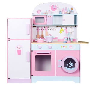 Set Bucatarie Pentru Copii din Lemn Natural, Elemente Detasabile, Set Ustensile, Cuptor cu Butoane, Frigider, Masina De Spalat, Plita, Microunde si Chiuveta, 101 CM Inaltime, Alb/Roz