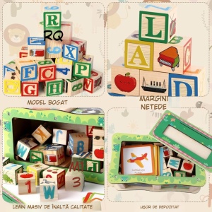 Set de Cuburi din Lemn Montessori, Educatie Timpurie, Invatarea Alfabetului, Joc de Potrivire a Literelor cu 27 de Piese si Cutie Portabila, Educativ pentru Copii 3+ - Img 5