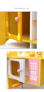 Bucatarie din Lemn Montessori Girafa, Galbena, Set Complet pentru Gatit, Chiuveta, Cuptor, Microunde, Ustensile si Accesorii de Bucatarie, 66x62x44, 6 cm, 3+ Ani - Img 6