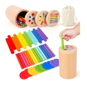 Joc educativ Montessori 3 in 1, pentru Motricitate fina, Jucarii de invatare din lemn pentru copii, sortarea formelor si culorilor, 1-3 ani - Img 1