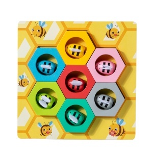 Joc educativ Montessori Puzzle din Lemn cu Albinute, Activitate Educativa pentru Recunoasterea Culorilor si Dezvoltarea Motricitatii, Set Colorat